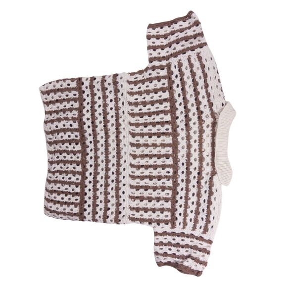 Proche Crochet Polo Top Small Brown Cream Striped Open Knit Short Sleeve Preppy - Picture 6 of 6